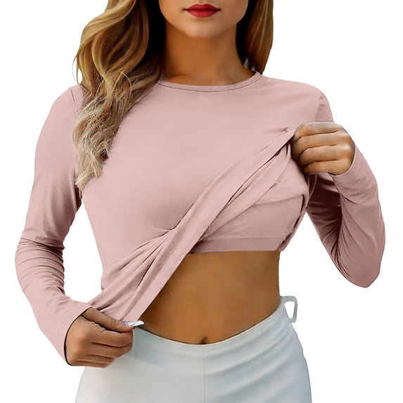 DHFJKG Womens Basic Tee With Built In Bra Long Sleeve Slim Fit Crewneck Lightweight Casual Solid Color Base Layer Spring Fall Comfortable Tops