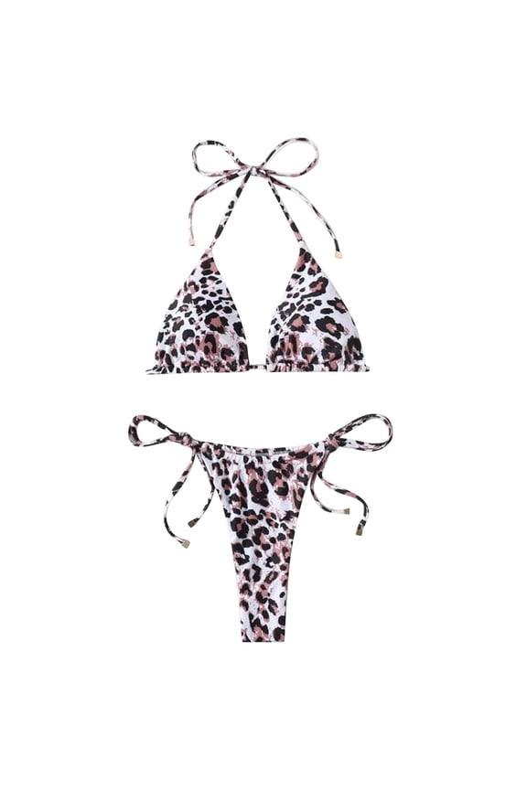 Womens Bikini Set Halter 2 Piece Swimsuits Leopard Self Tie Triangle Top Thong Set High Cut Sexy Trendy Beachwear