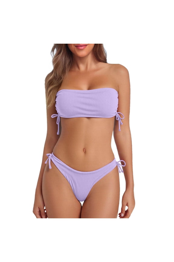 Womens Bikini Set Solid Color Two Piece Swimsuit Strapless Top With Side Drawstring Thong Bottoms Summer Pool Party Outfit Stylish Beachwear
