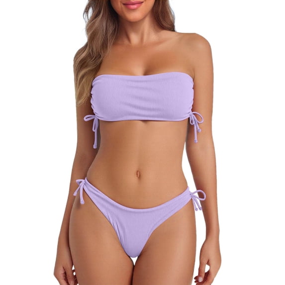 DHFJKG Womens Bikini Set Solid Color Two Piece Swimsuit Strapless Top With Side Drawstring Thong Bottoms Summer Pool Party Outfit Trendy Beachwear