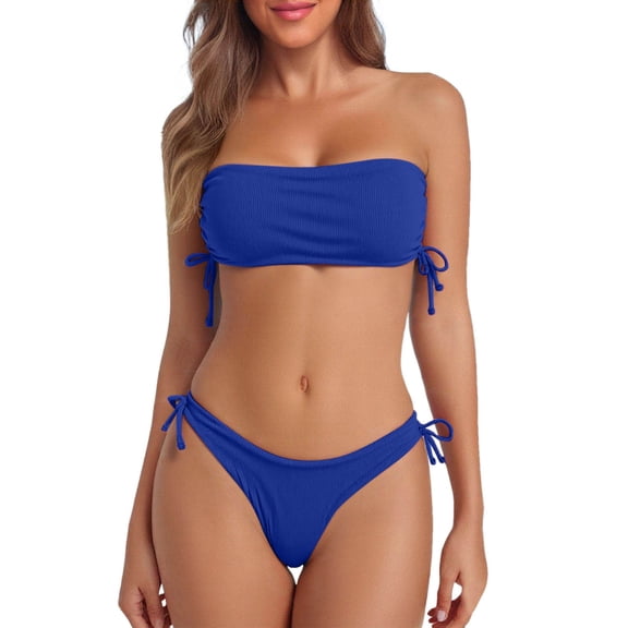 DHFJKG Womens Bikini Set Solid Color Two Piece Swimsuit Strapless Top With Side Drawstring Thong Bottoms Summer Pool Party Outfit Trendy Beachwear