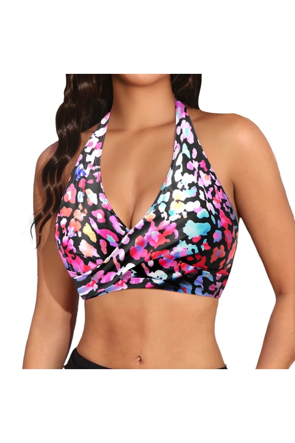 Womens Bikini Top Bathing Suit Open Back Halter Self Tie V Neck Floral Swimwear Tops Casual Beachwear