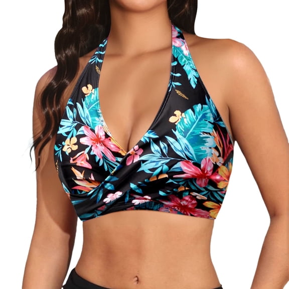 DHFJKG Womens Bikini Top Bathing Suit Open Back Halter Self Tie V Neck Floral Swimwear Tops Trendy Beachwear