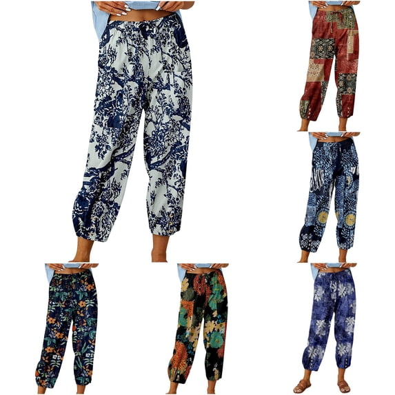 DHFJKG Womens Bohemian Pants Retro Floral Printed High Rise Elastic Waist Ankle-Tied Pants Summer Beach Vacation Clothes Soft Trousers