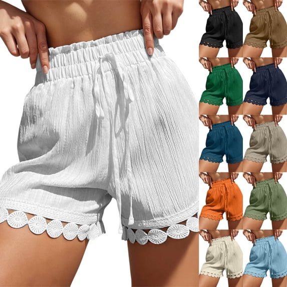 DHFJKG Womens Bohemian Shorts Crochet Casual Drawstring Loose Fit Summer Beach Shorts Vacation Soft Bottoms