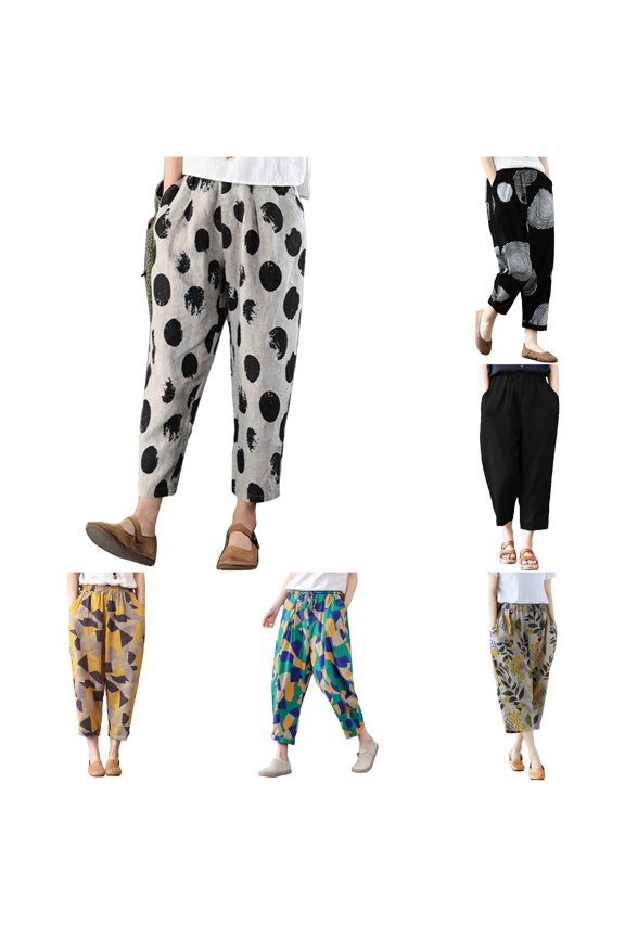 Womens Boho Pants Casual Summer Tapered Harem Pants Elastic Waist Loose Fit Ankle Length Beach Trousers