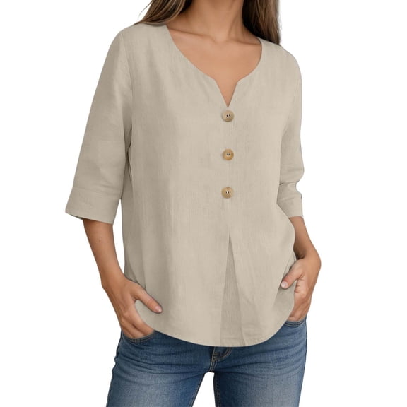 DHFJKG Womens Button Down T Shirt Loose Fit Solid Color Breathable Linen Beach Summer Top 3/4 Sleeve Notch V Neck Solid Color Stylish Tops