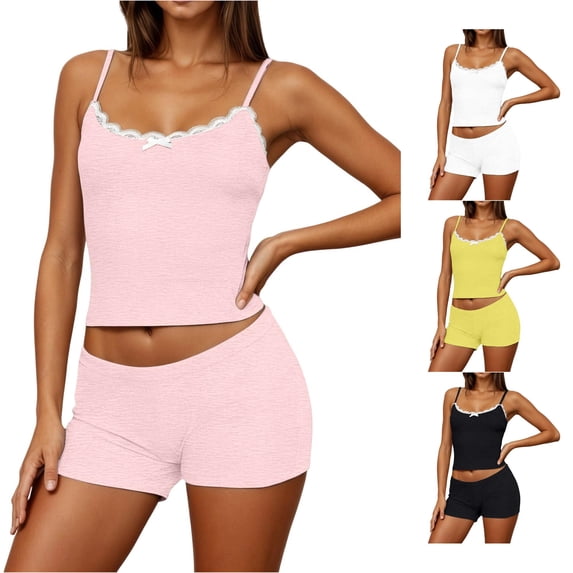 DHFJKG Womens Cami Pajama Set Lace Spaghetti Strap Slim Fit Crop Camisole Summer Sleepwear 2 Piece Pjs Shorts Loungewear