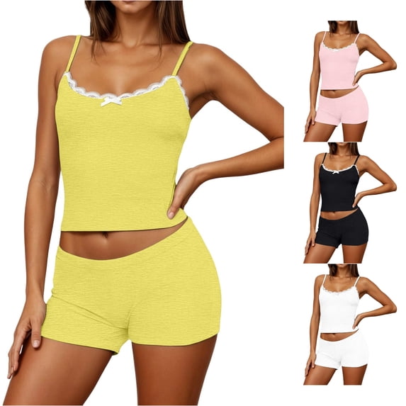 DHFJKG Womens Cami Pajama Set Lace Spaghetti Strap Slim Fit Crop Camisole Summer Sleepwear 2 Piece Pjs Shorts Loungewear