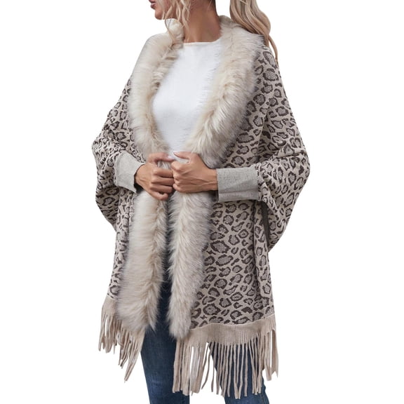 DHFJKG Womens Cardigan Houndstooth Print Fuzzy Trim Tassels Long Sleeve Shawl Open Front Capes Cozy Outerwear