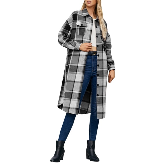 DHFJKG Womens Cardigan Longline Plaid Button Down Shirts Jackets Winter Long Sleeve Lapel Knee-Length Versatile Outerwear