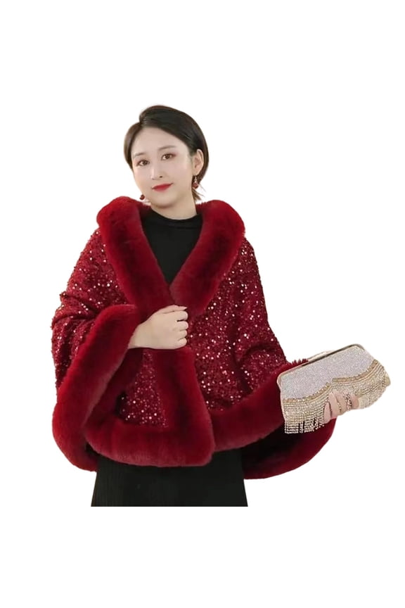 Womens Cardigan Sparkly Sequin Shawl Cape Thermal Fuzzy Lining Open Front Wrap Jackets Winter Insulated Versatile Outerwear