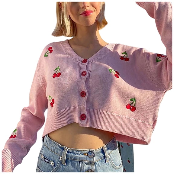 DHFJKG Womens Cardigan Sweaters Crop Top Cherry Embroidery Long Sleeve V-Neck Button Down Cropped Jackets Stylish Outerwear