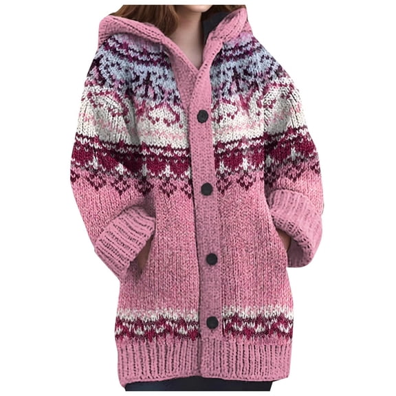 DHFJKG Womens Cardigan Sweaters Knitted Hooded Long Sleeve Button Down With Pockets Jacket Retro Fair Isle Versatile Outerwear