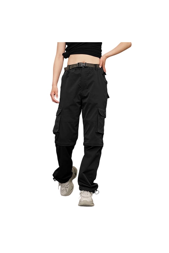 Womens Casual Cargo Baggy Pants With Multiple Pockets Convertible Wide Leg Loose Fit Elastic Waist Pants Solid Color Soft Trousers