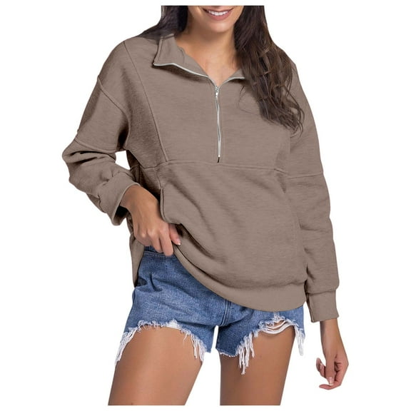 DHFJKG Womens Casual Half Zip Sweatshirts Stand Collar Solid Color Loose Fit Pocket Pullover With Contrast Trim Design Women Trendy Graphic Sweatshirt