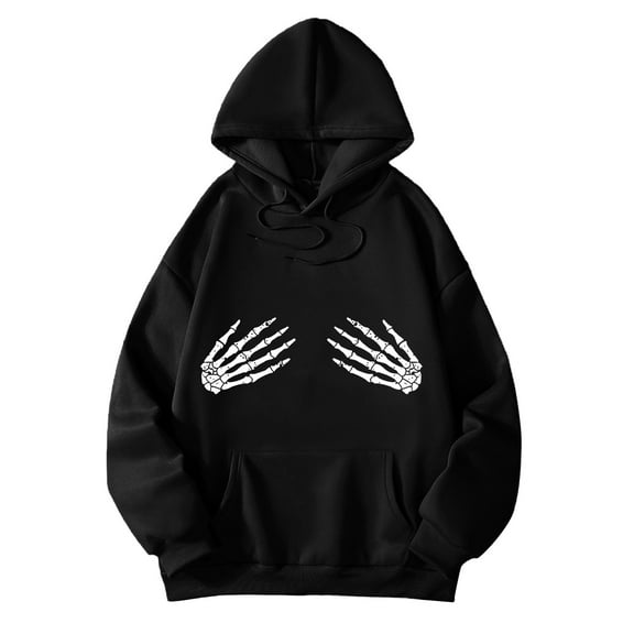 DHFJKG Womens Casual Hoodies Oversized Loose Fit Fashion Skeleton Palm Printed Round Neck Long Sleeve Sweatshirts For Everyday Wear Trendy Pullover Tops For Women