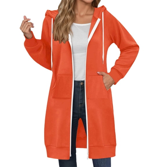 DHFJKG Womens Casual Long Zipper Hoodies Solid Color Loose Fit Fashion Knee-Length Sweatshirts With Pocket Trendy Pullover Tops For Women