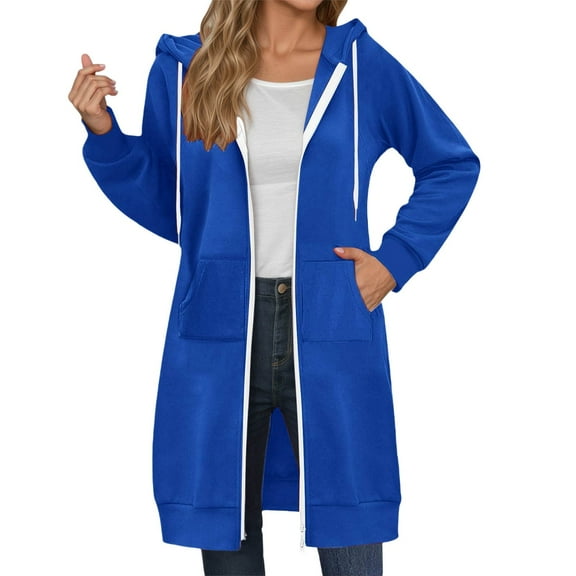 DHFJKG Womens Casual Long Zipper Hoodies Solid Color Loose Fit Fashion Knee-Length Sweatshirts With Pocket Trendy Pullover Tops For Women