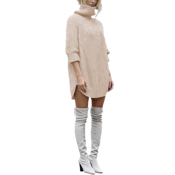DHFJKG Womens Casual Longline Knit Sweater Turtleneck Curved Hem Solid Color Half Sleeve Mediun Length Pullover Knitted Top Soft Jumper Tops