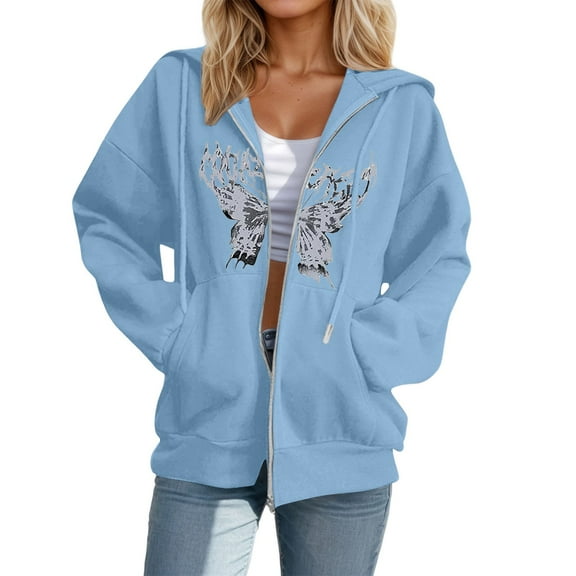 DHFJKG Womens Casual Zip Up Hoodies Oversized Fashion Butterfly Printed Comfort Long Sleeve Sweatshirts Plus Size Graphic Sweatshirt For Women