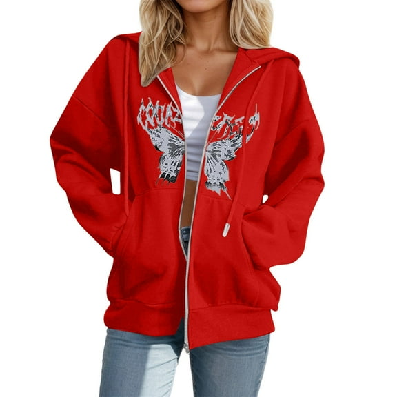DHFJKG Womens Casual Zip Up Hoodies Oversized Fashion Butterfly Printed Comfort Long Sleeve Sweatshirts Trendy Pullover Tops For Women
