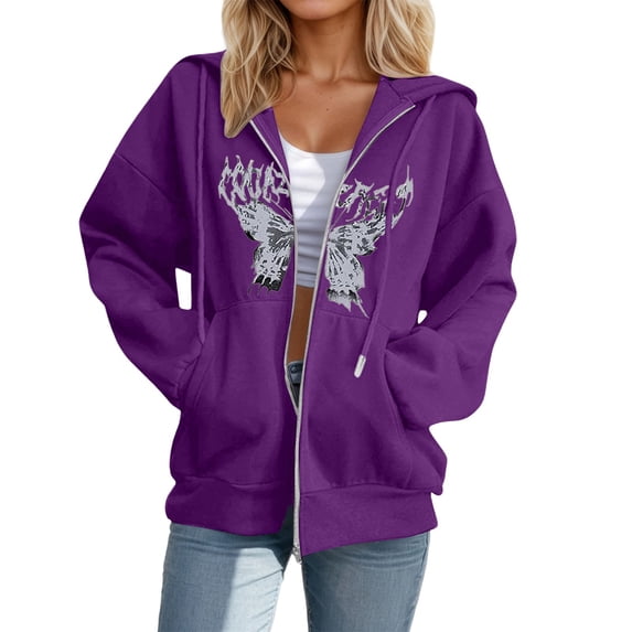 DHFJKG Womens Casual Zip Up Hoodies Oversized Fashion Butterfly Printed Comfort Long Sleeve Sweatshirts Trendy Pullover Tops For Women