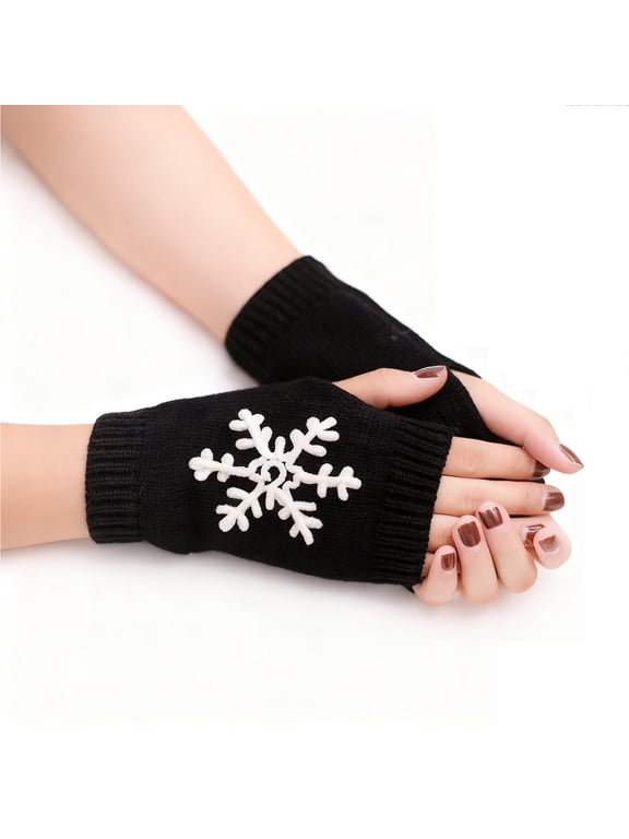 Womens Christmas Knitted Fingerless Mittens Casual Snowflake Print Gloves For Winter Warm Comfort Gifts