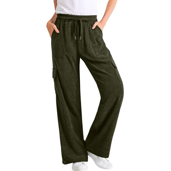 DHFJKG Womens Corduroy Pants High Waisted Elastic Drawstring Cargo Loose Fit Wide Leg Joggers Pants With Pockets Soft Trousers