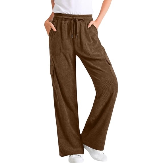 DHFJKG Womens Corduroy Pants High Waisted Elastic Drawstring Cargo Loose Fit Wide Leg Joggers Pants With Pockets Soft Trousers