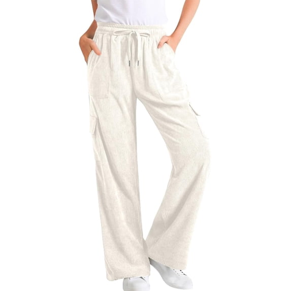 DHFJKG Womens Corduroy Pants High Waisted Elastic Drawstring Cargo Loose Fit Wide Leg Joggers Pants With Pockets Stylish Trousers