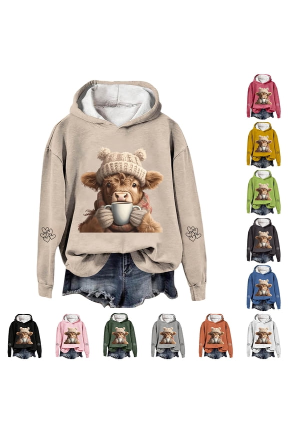 Womens Cow Print Hoodie Cute Animals Graphic Sweatshirt Fuzzy Lining Long Sleeve Fall Winter Warm Pullover Tops