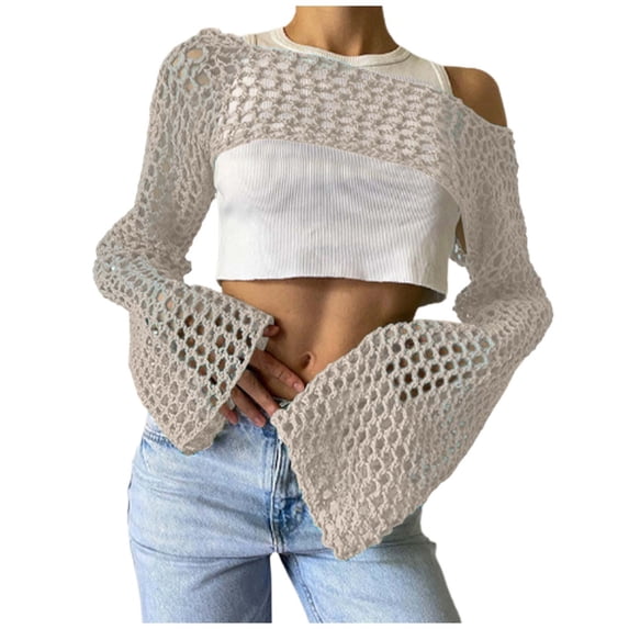 DHFJKG Womens Crochet Crop Top Swimsuit Cover Up Boat Neck Solid Color Sexy Hollow Out Knit Long Sleeve Cover Ups Trendy Beachwear