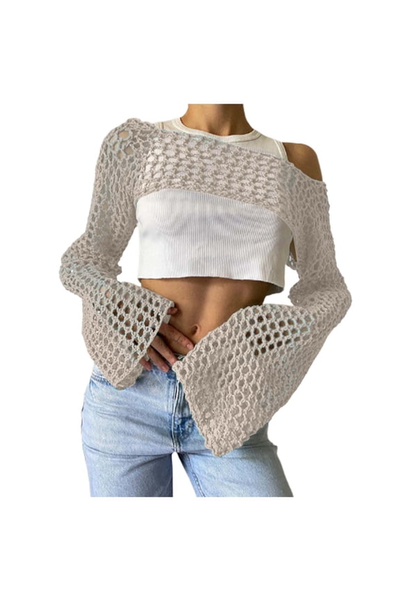 Womens Crochet Crop Top Swimsuit Cover Up Boat Neck Solid Color Sexy Hollow Out Knit Long Sleeve Cover Ups Trendy Beachwear