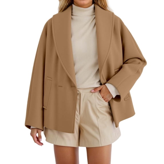 DHFJKG Womens Crop Pea Coat Jacket Shawl Collar Solid Color Casual Cropped Outerwear Lightweight Fall Winter Stylish Coat