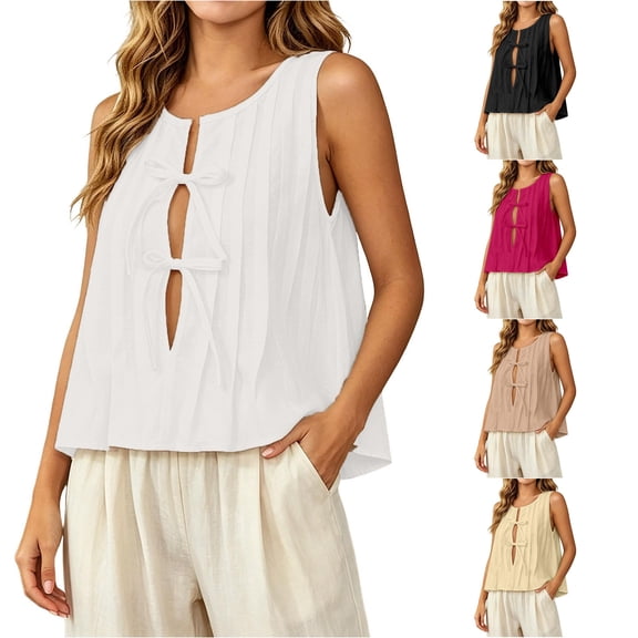 DHFJKG Womens Crop Tank Tops Hallow Out Bow Pleated Sleeveless Loose Fit Solid Color Summer Cami Shirt Casual Soft Top