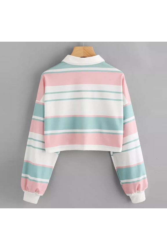 Womens Crop Top Long Sleeve Casual Drop Shoulder Striped Pullover Button Up Collared Polo Shirts Loose Fit Spring Tee Soft Tops