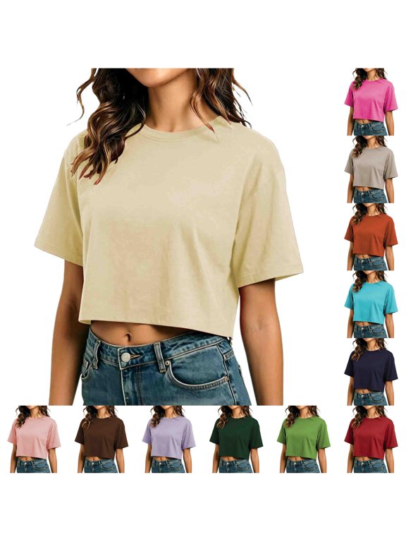 Womens Cropped T Shirt Short Sleeve Loose Fit Round Neck Basic Tee Tops, Sizes S-XXXXXL