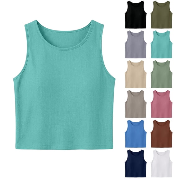 DHFJKG Womens Cropped Tank Top Lightweight Crew Neck Solid Color Sleeveless Summer Basic Tee Workout Gym Stylish Tops