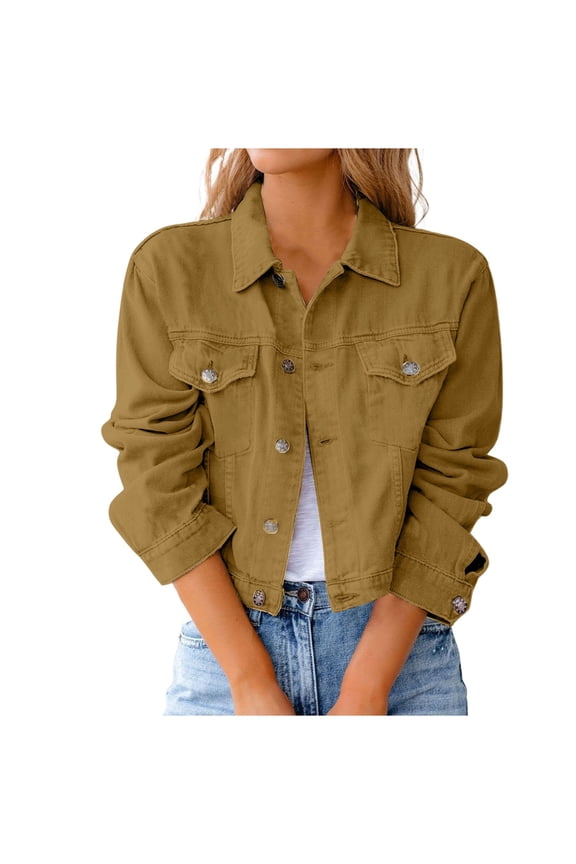 Womens Denim Crop Jacket Solid Color Long Sleeve Turndown Collar Slim Fit Jacket Cropped Top Comfort Jackets
