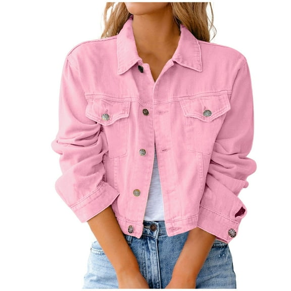 DHFJKG Womens Denim Crop Jacket Solid Color Long Sleeve Turndown Collar Slim Fit Jacket Cropped Top Fashionable Coats