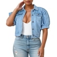 thumbnail image 1 of DHFJKG Womens Denim Crop Jacket Solid Color Puff Sleeve Short Sleeve Turndown Collar Slim Fit Jacket Cropped Top Cozy Coats, 1 of 6