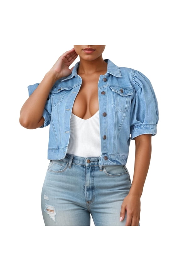 Womens Denim Crop Jacket Solid Color Puff Sleeve Short Sleeve Turndown Collar Slim Fit Jacket Cropped Top Cozy Coats