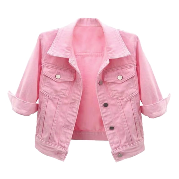 DHFJKG Womens Denim Crop Jacket Solid Color Three Quarter Sleeve Turndown Collar Slim Fit Jacket Cropped Top Trendy Jackets