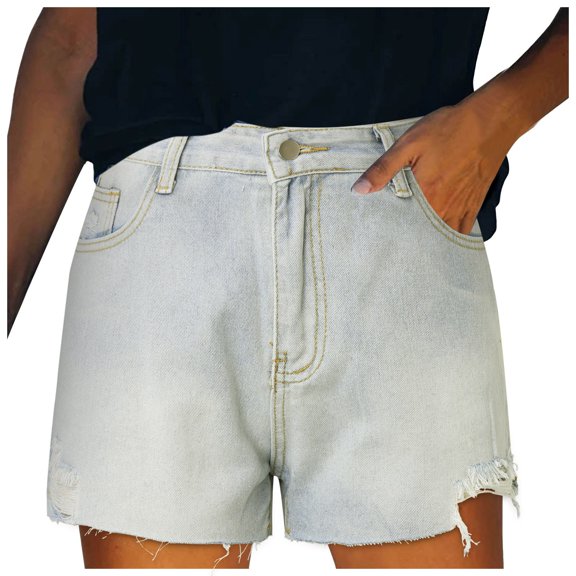 DHFJKG Womens Denim Shorts Distressed Washed Streetwear Flat Front Row Hem Hot Pants Summer Jean Shorts With Pockets Trendy Bottoms