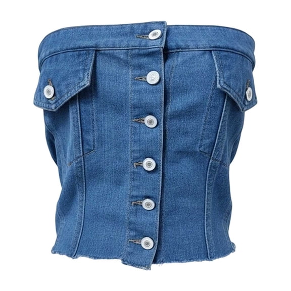 DHFJKG Womens Denim Tube Tops Off The Shoulder Strapless Button Front Slim Fit Cropped Tank Top Going Out Cami T-Shirt