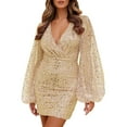 thumbnail image 1 of DHFJKG Womens Dress Deep V Neck Sparkly Sequins Lantern Long Sleeve Slim Fit Mini Party Dress Glitter Solid Color Sexy Nightclub Stylish Dresses, 1 of 4