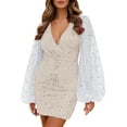thumbnail image 1 of DHFJKG Womens Dress Deep V Neck Sparkly Sequins Lantern Long Sleeve Slim Fit Mini Party Dress Glitter Solid Color Sexy Nightclub Trendy Dresses, 1 of 4