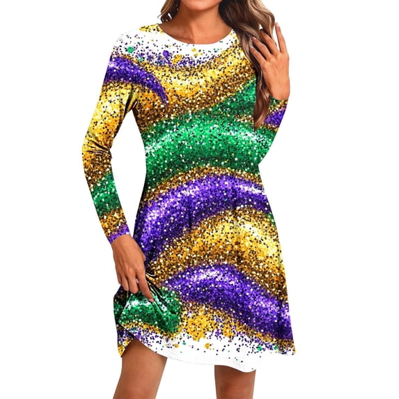 DHFJKG Womens Dresses Festival Carnival Print Round Neck Pullover Casual Mini Dress Flowy Long Sleeve Tunic Stylish Dresses