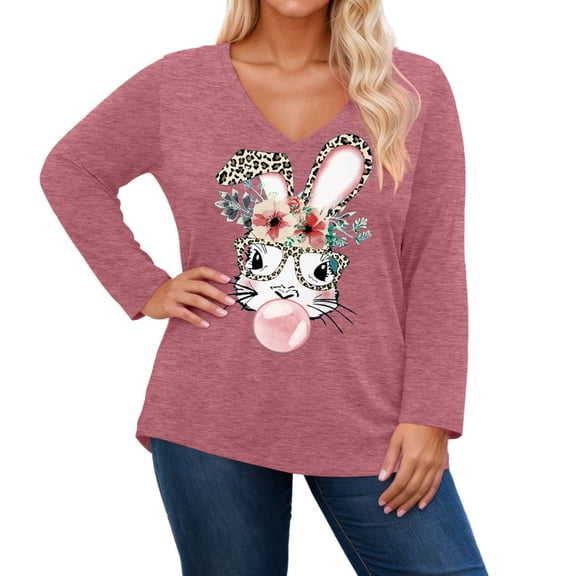 DHFJKG Womens Easter Bunny T Shirt Plus Size Long Sleeve V Neck Cute Rabbit Printed Top Comfortable Daily Wear Loose Fit Festival Stylish Tops